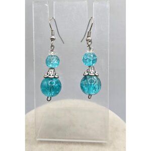 Blue Beaded Dangle Earrings With Silver Tone Beaded Accent